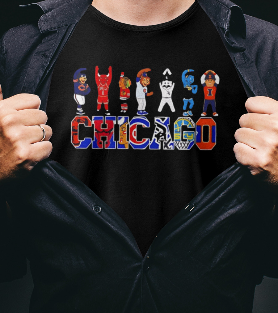 Chicago Bears Bulls Blackhawks Cubs White Sox Mascots Basketball Logos T-Shirt