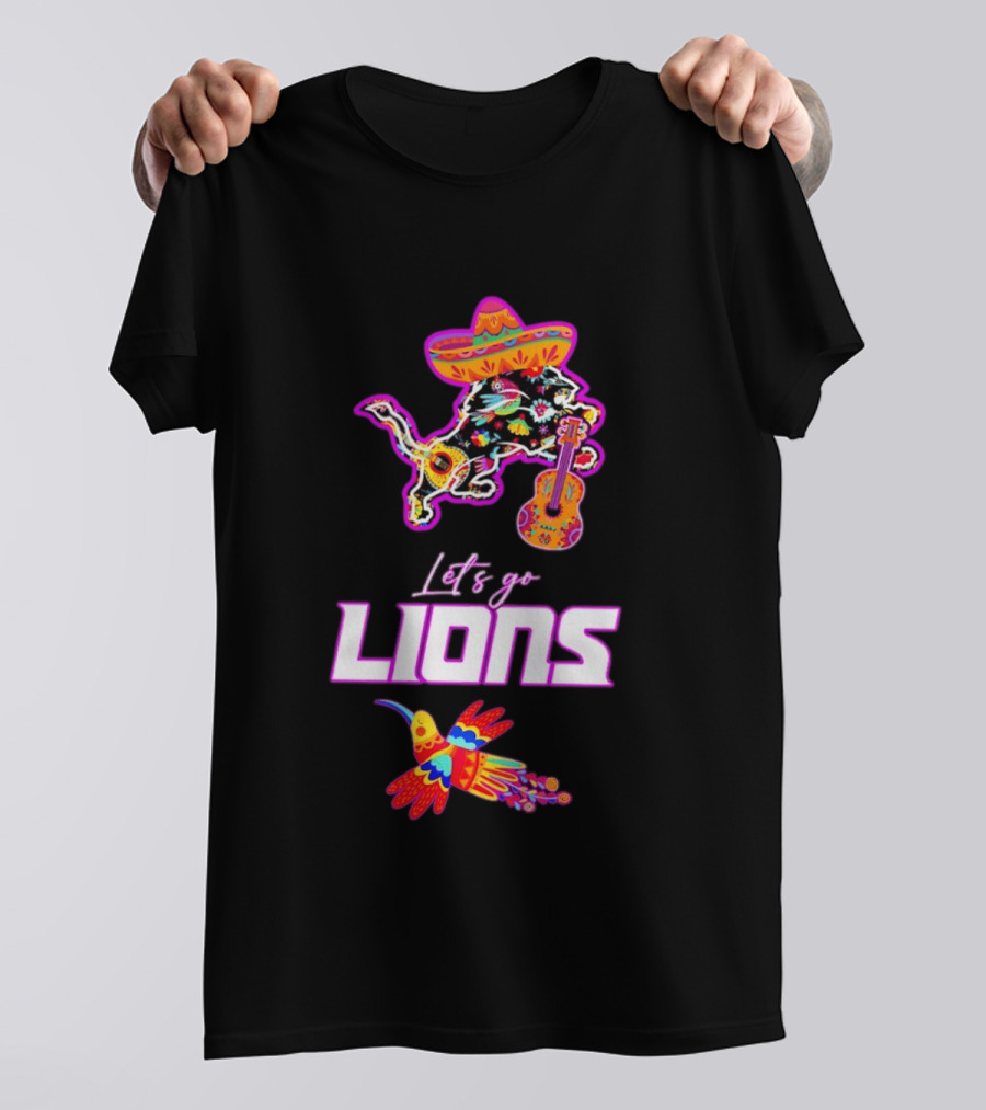 Let's Go Lions Hispanic Heritage Fiesta Mexican Folk Sombrero And Guitar T-Shirt
