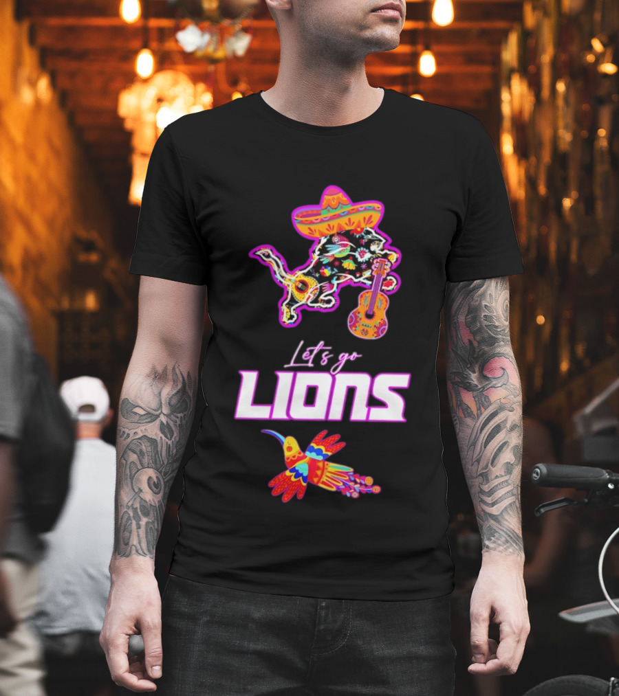 Let's Go Lions Hispanic Heritage Fiesta Mexican Folk Sombrero And Guitar T-Shirt