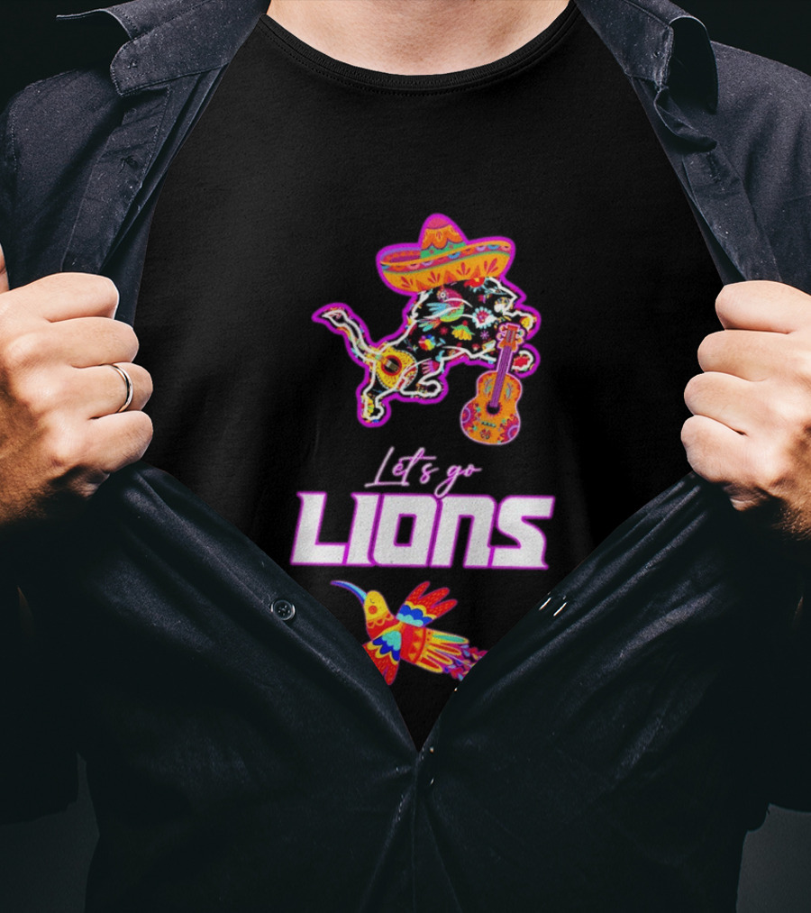 Let's Go Lions Hispanic Heritage Fiesta Mexican Folk Sombrero And Guitar T-Shirt