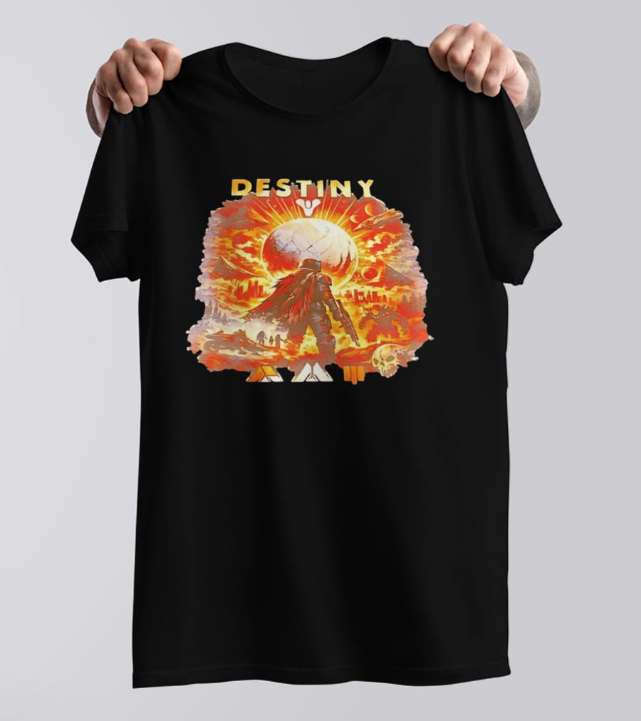 Destiny 3 Guardian Fireteam Solar Battle Scene With Traveler Sky Planet And Skull T-Shirt