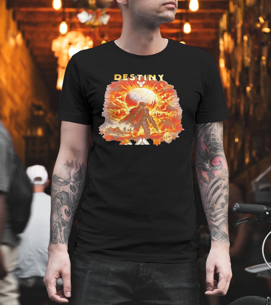 Destiny 3 Guardian Fireteam Solar Battle Scene With Traveler Sky Planet And Skull T-Shirt