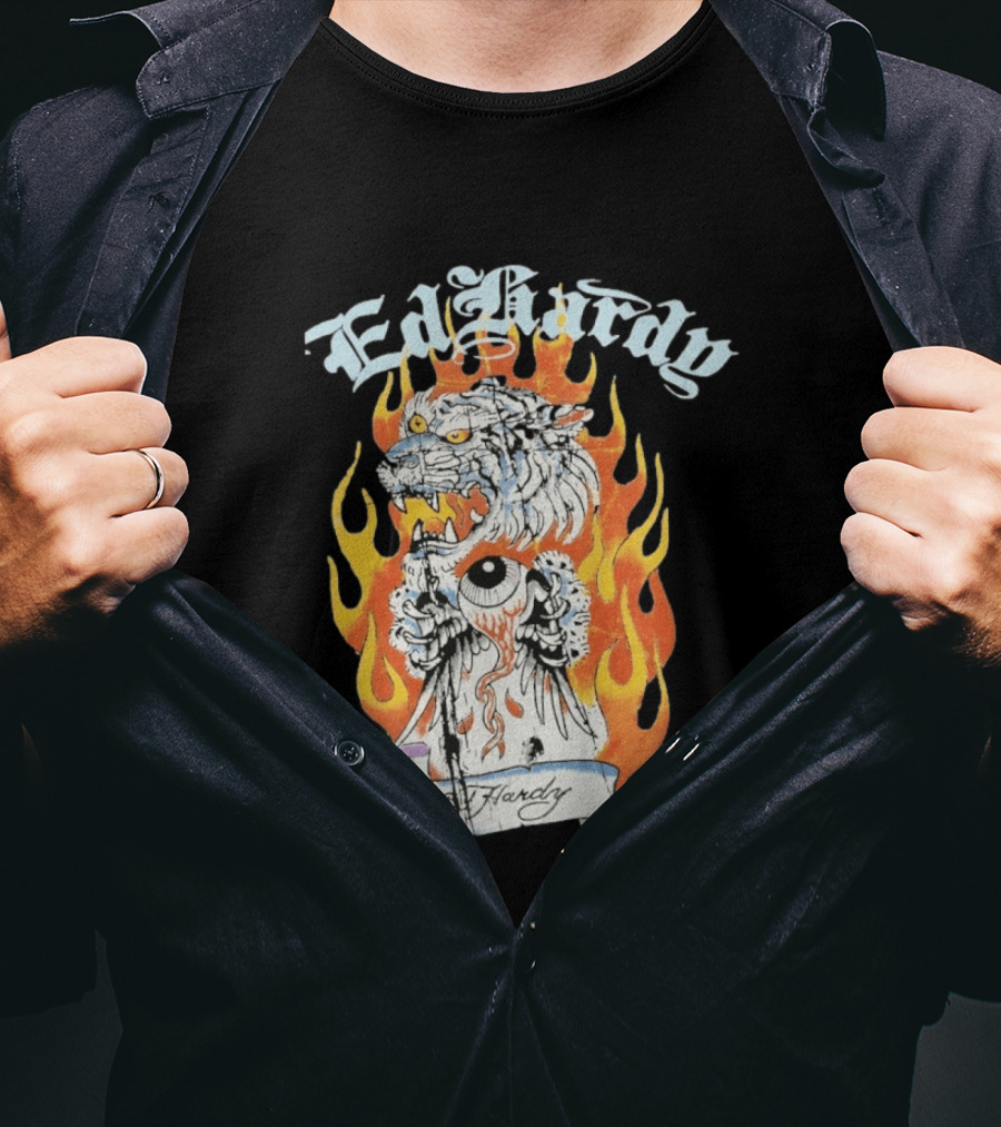 Ed Hardy Flaming Tiger Eyeball Flame Tattoo T-Shirt