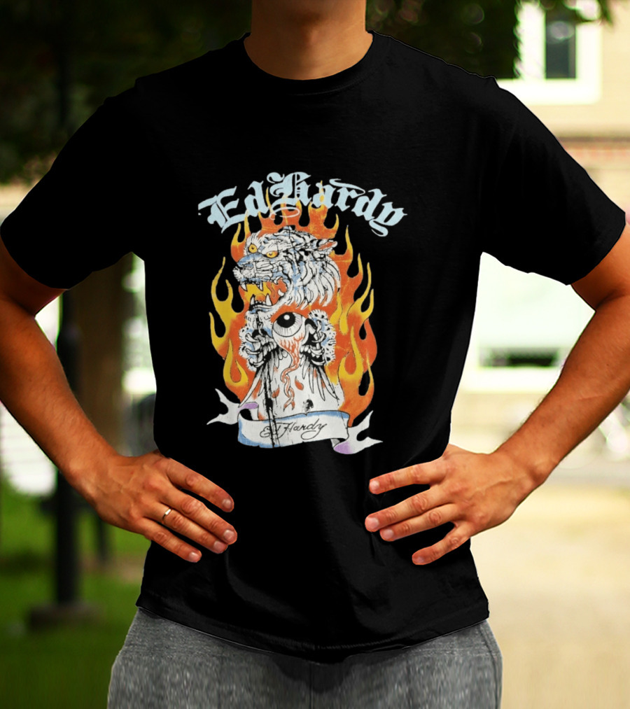 Ed Hardy Flaming Tiger Eyeball Flame Tattoo T-Shirt