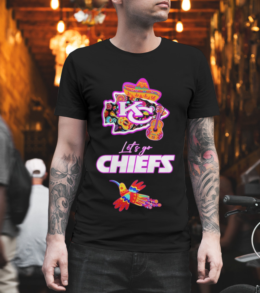 Kansas City Chiefs Let's Go Chiefs Fiesta Hispanic Heritage Mexican Folk KC Sombrero Guitar Hummingbird T-Shirt