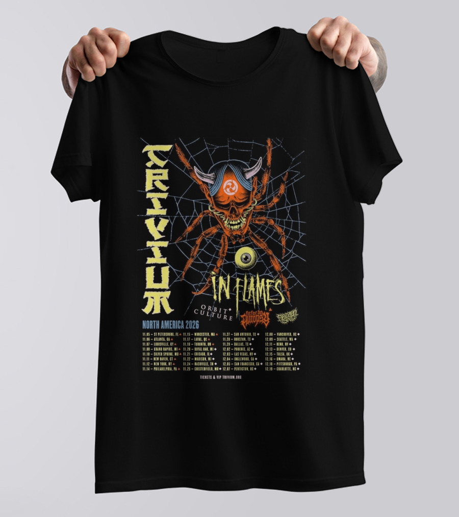 Trivium In Flames Orbit Culture North America 2026 Tour Dates And Cities With Spider T-Shirt