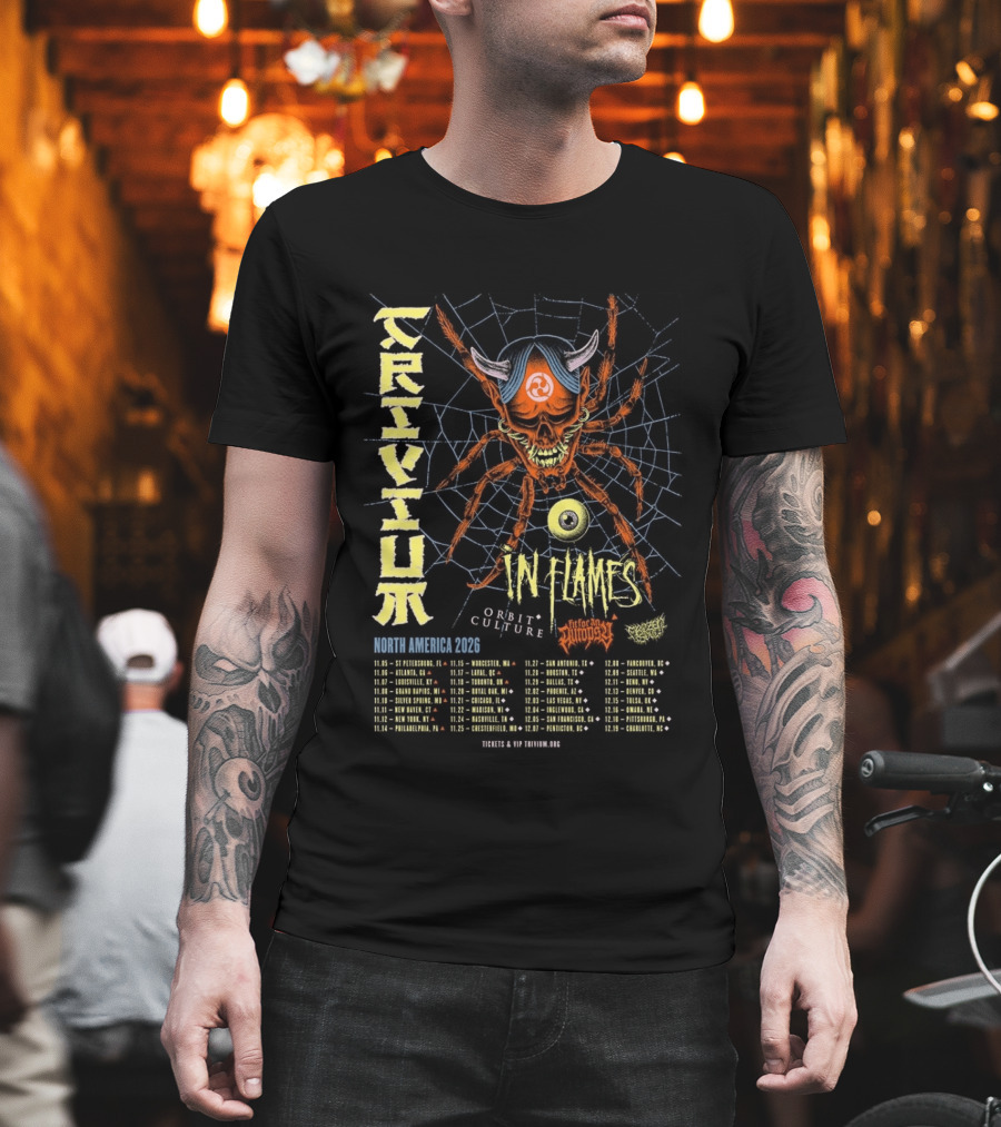 Trivium In Flames Orbit Culture North America 2026 Tour Dates And Cities With Spider T-Shirt