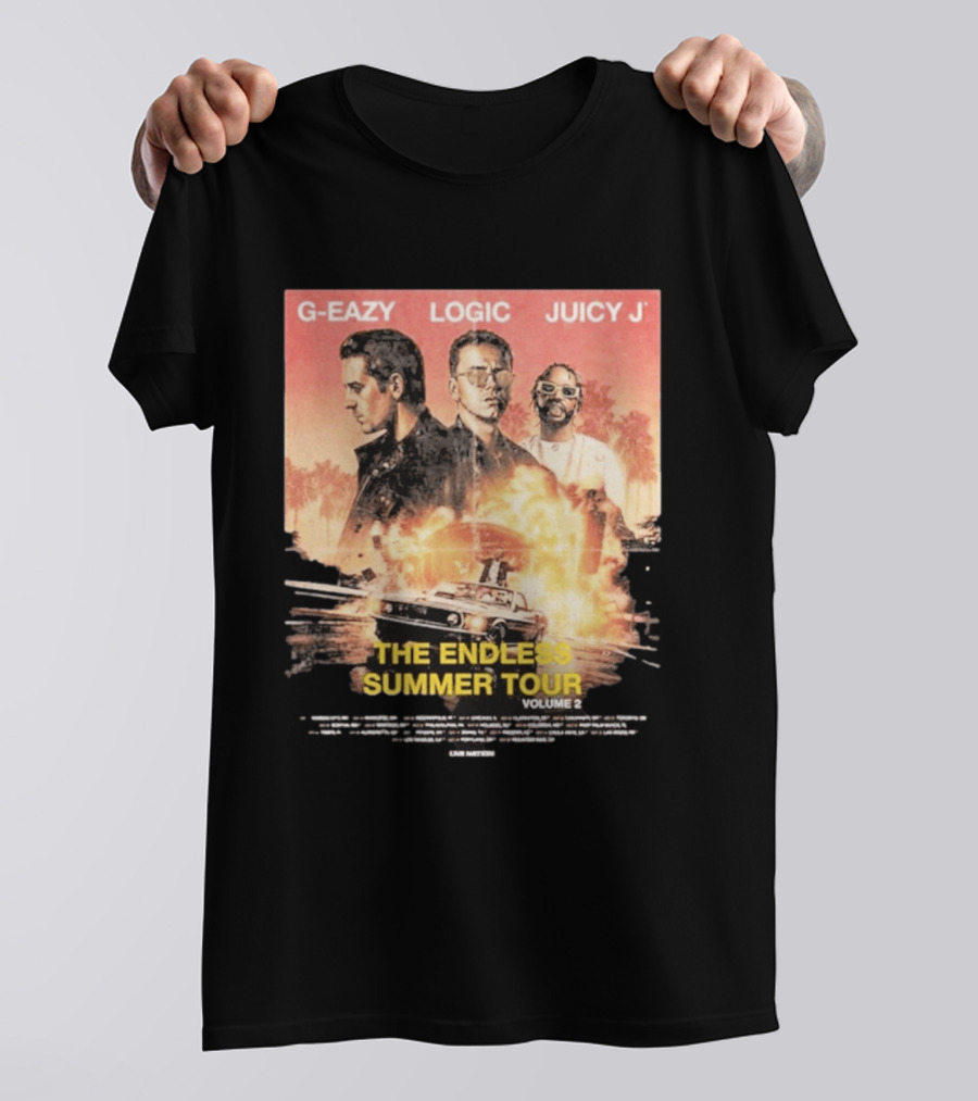 G Eazy Logic Juicy J The Endless Summer Tour Volume 2 2026 Retro Car Palm Trees T-Shirt
