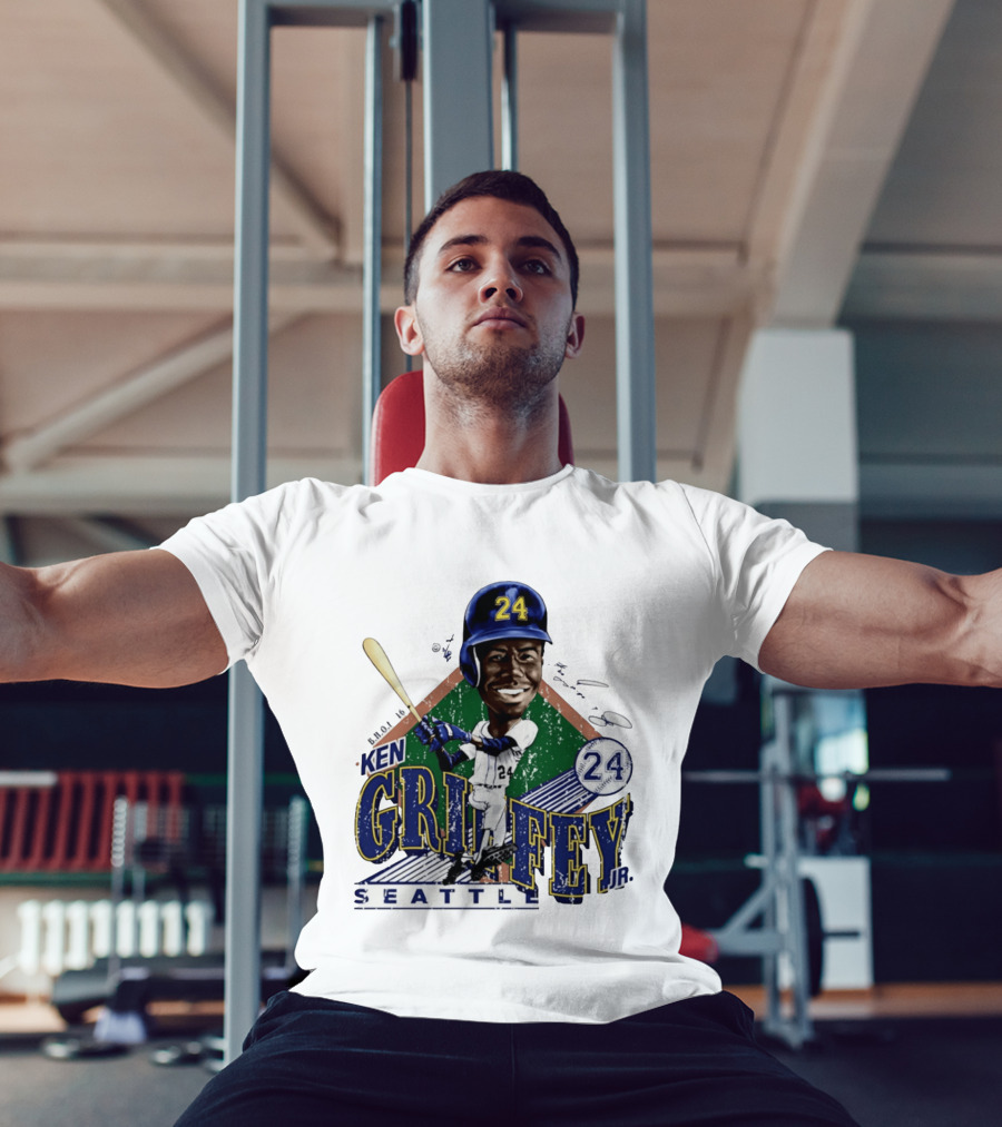 Ken Griffey Jr. Seattle Mariners 24 Baseball Batting Illustration Bruce Stark Collection T-Shirt