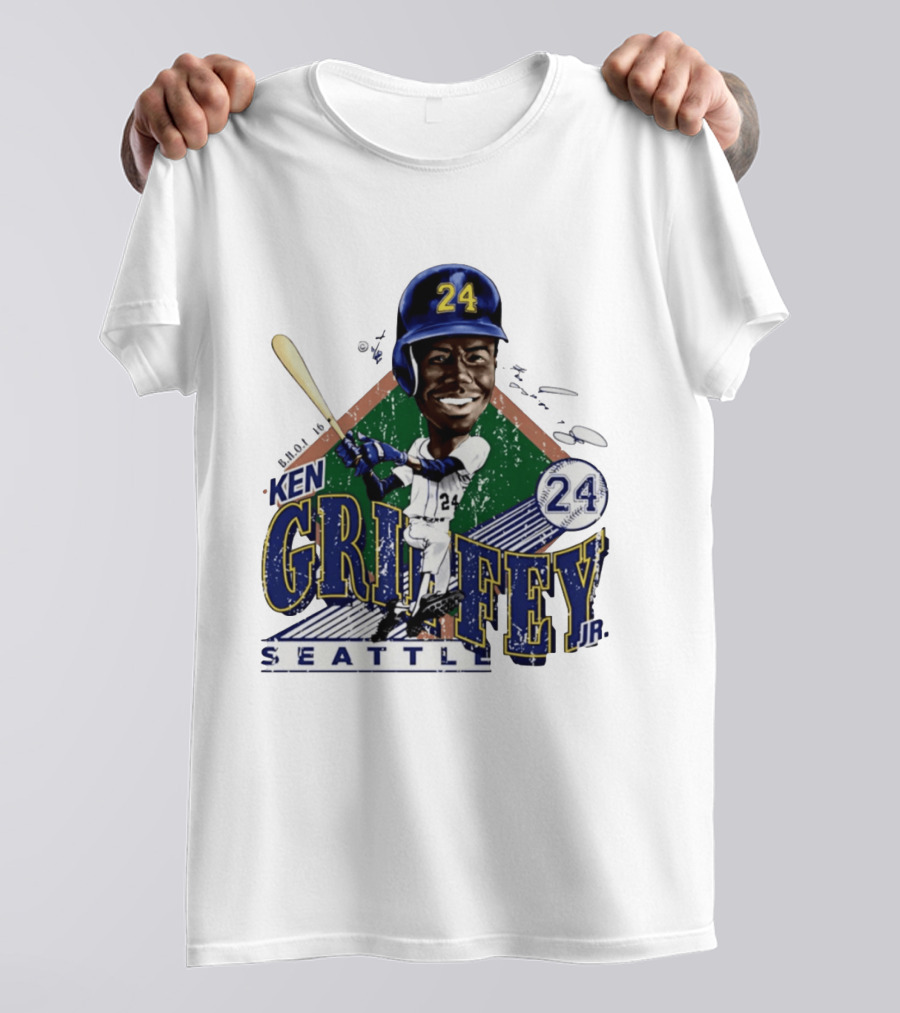 Ken Griffey Jr. Seattle Mariners 24 Baseball Batting Illustration Bruce Stark Collection T-Shirt