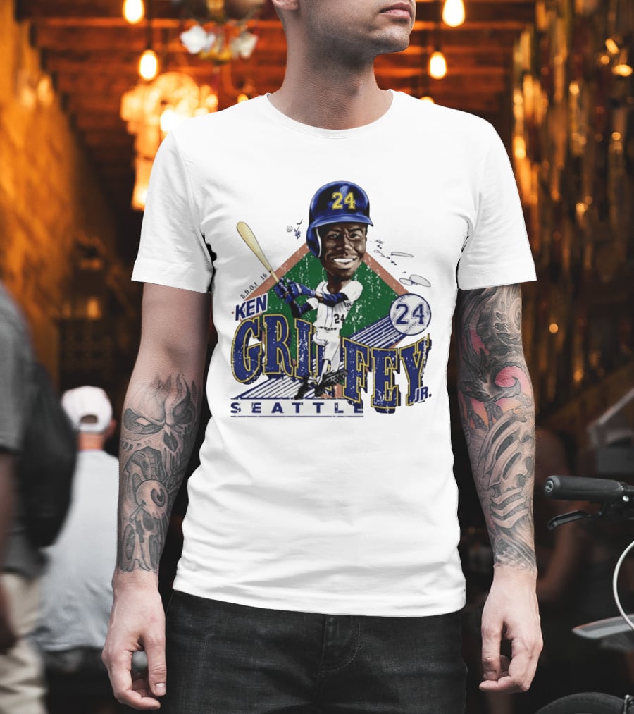 Ken Griffey Jr. Seattle Mariners 24 Baseball Batting Illustration Bruce Stark Collection T-Shirt