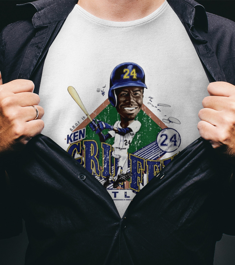 Ken Griffey Jr. Seattle Mariners 24 Baseball Batting Illustration Bruce Stark Collection T-Shirt