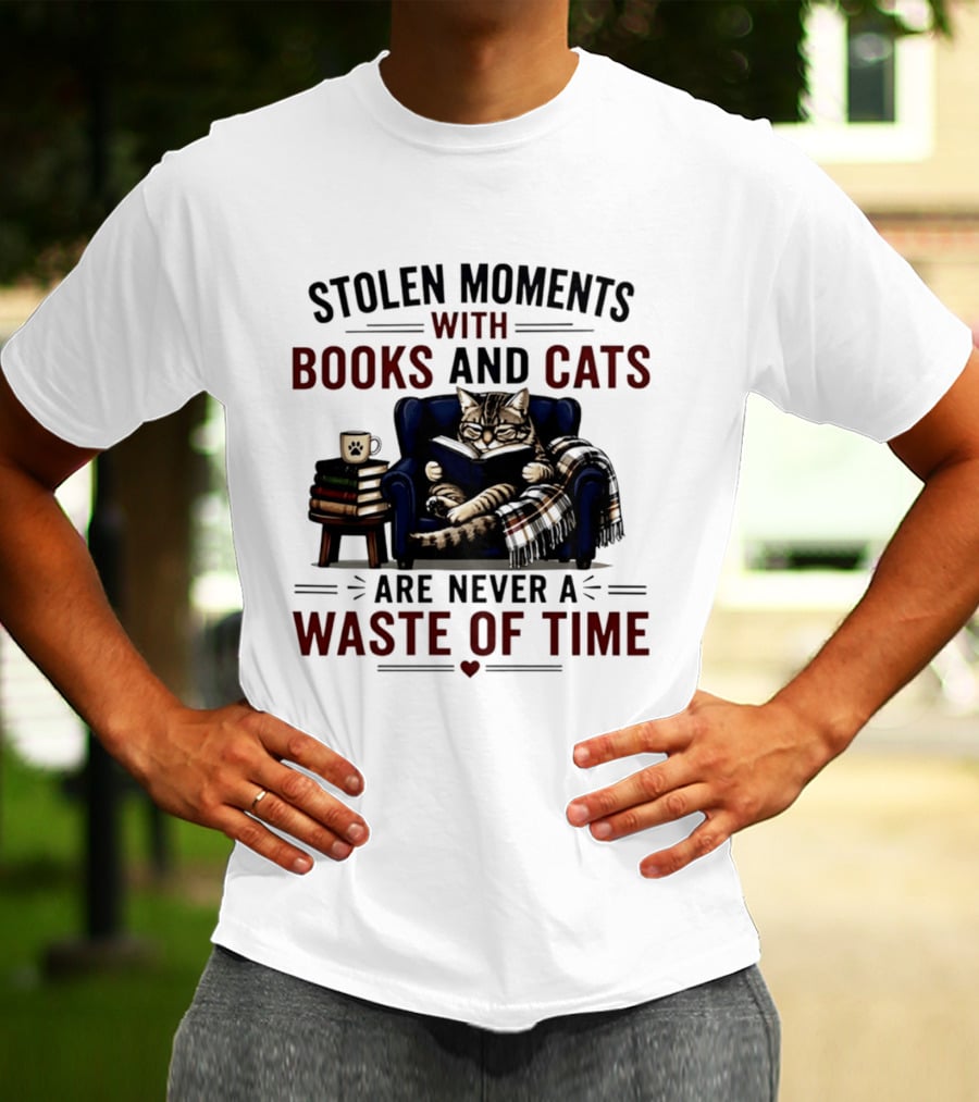 Stolen Moments With Books And Cats Are Never A Waste Of Time Cozy Reading Vibes T-Shirt