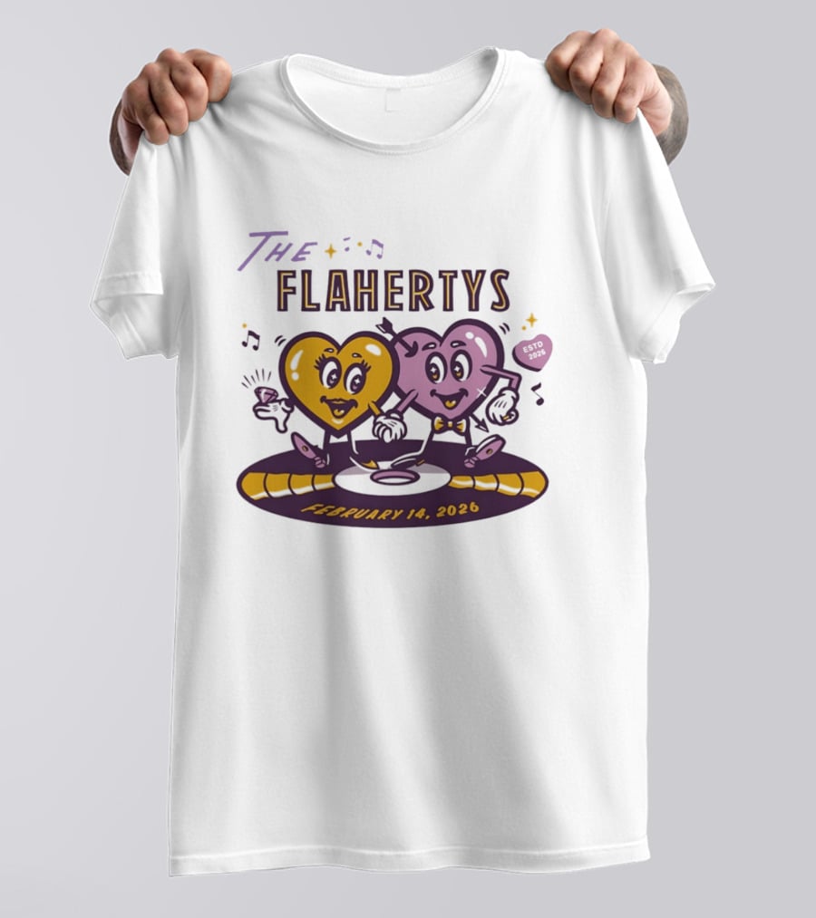 The Flahertys February 14 2026 Dancing Wedding Hearts With Music Notes T-Shirt