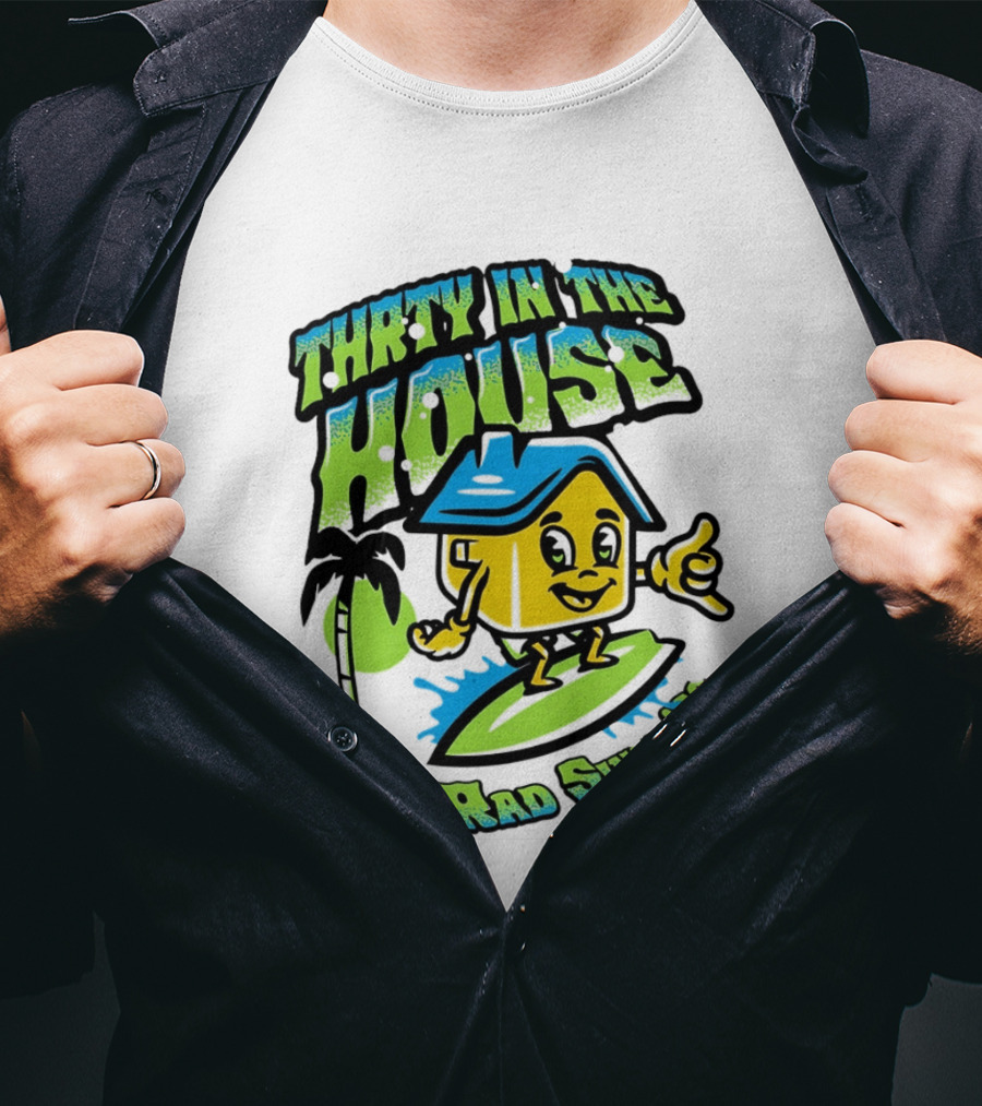 Thrty In The House Rad Since 92 Surfer Cartoon Palm Tree Vibes T-Shirt