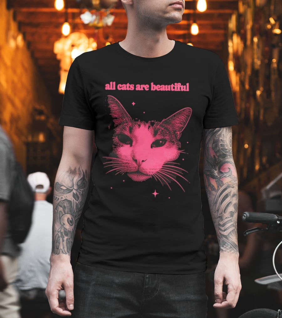 All Cats Are Beautiful Pink Halftone Cat Face With Stars T-Shirt