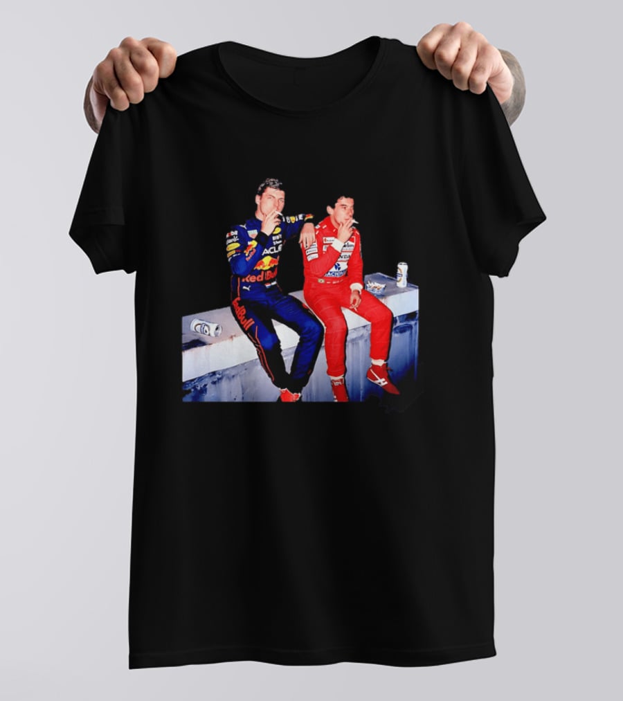 Max Verstappen Red Bull Racing And Ayrton Senna Honda Marlboro F1 Legends Smoking Together T-Shirt