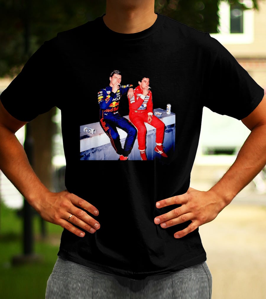 Max Verstappen Red Bull Racing And Ayrton Senna Honda Marlboro F1 Legends Smoking Together T-Shirt