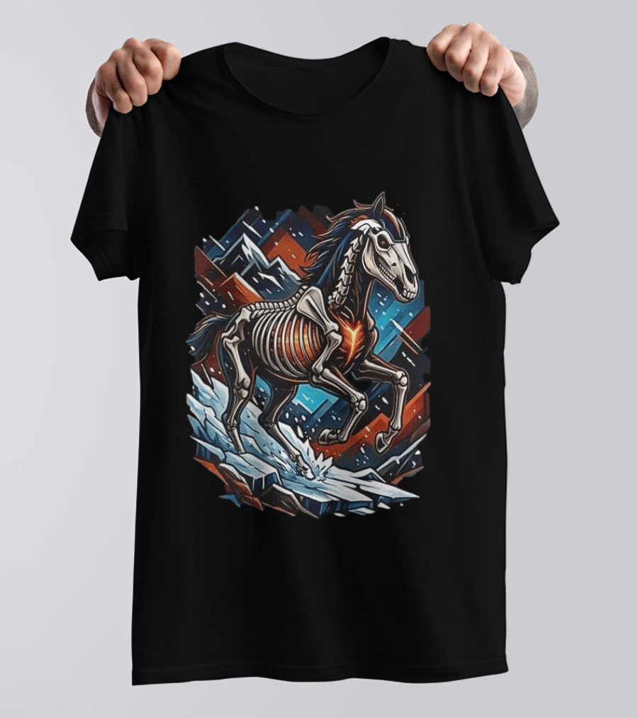 Denver Broncos Runs In My Blood Skeleton Horse And Mountains T-Shirt