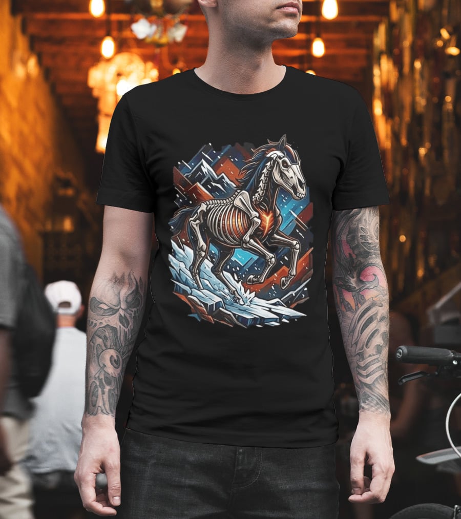 Denver Broncos Runs In My Blood Skeleton Horse And Mountains T-Shirt