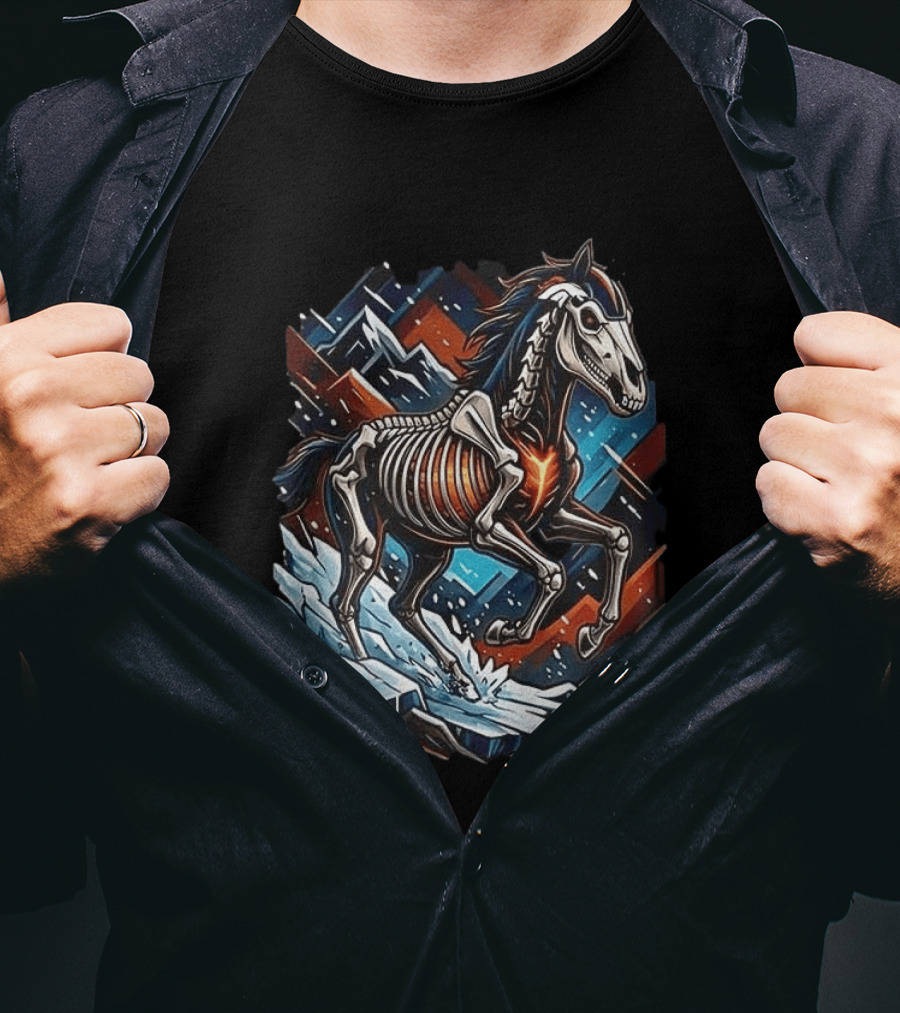 Denver Broncos Runs In My Blood Skeleton Horse And Mountains T-Shirt