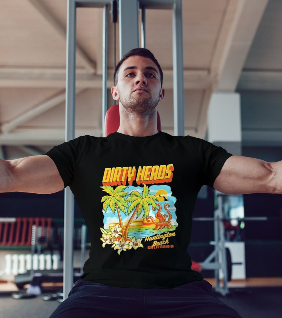 Dirty Heads Tropical Beach Palm Trees Ocean Sunset Octopus Huntington Beach California T-Shirt