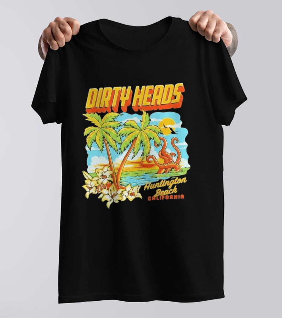 Dirty Heads Tropical Beach Palm Trees Ocean Sunset Octopus Huntington Beach California T-Shirt