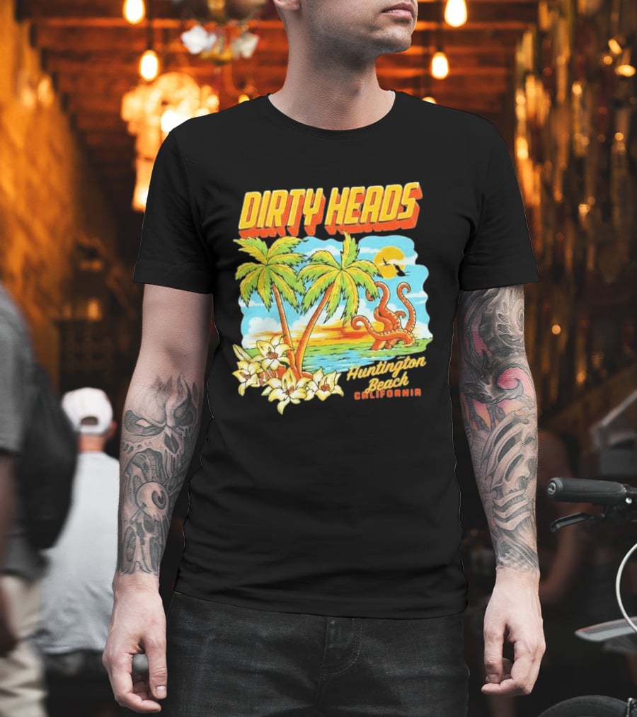 Dirty Heads Tropical Beach Palm Trees Ocean Sunset Octopus Huntington Beach California T-Shirt