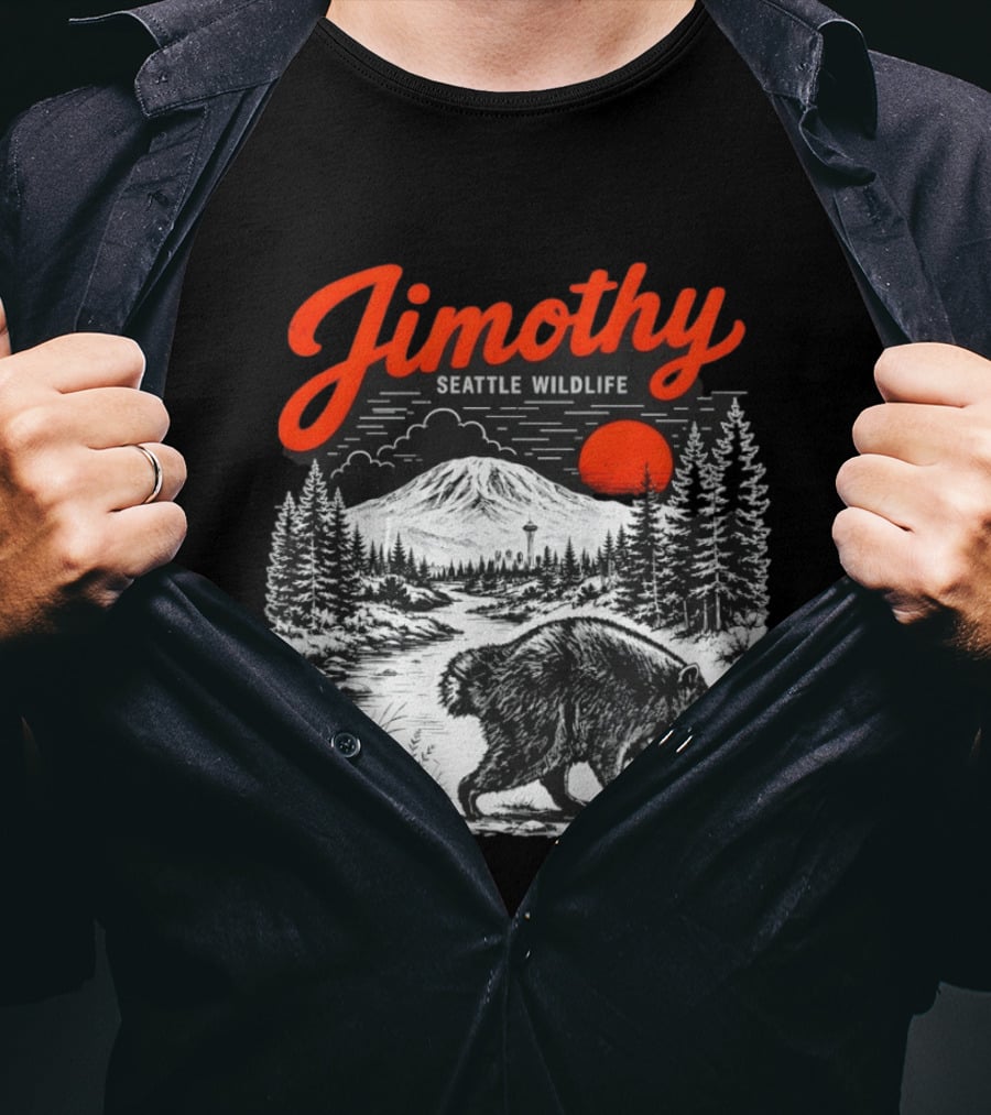 Jimothy Seattle Wildlife Raccoon With Mountain And Space Needle T-Shirt