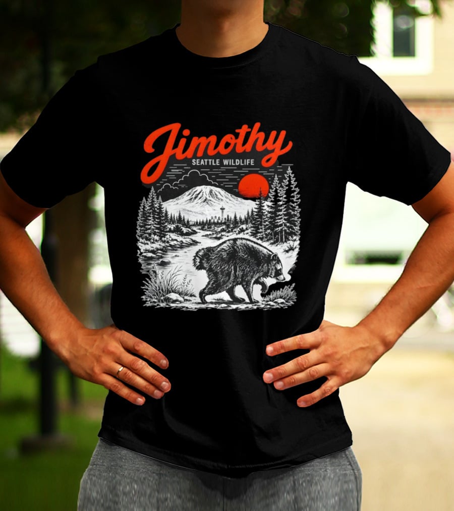Jimothy Seattle Wildlife Raccoon With Mountain And Space Needle T-Shirt