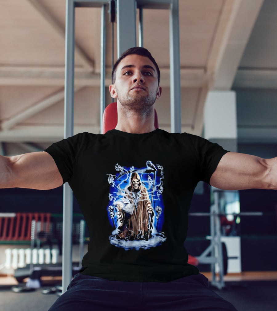 Sooner Than You Think Grim Reaper Skull And Scythe In Blue Mist T-Shirt