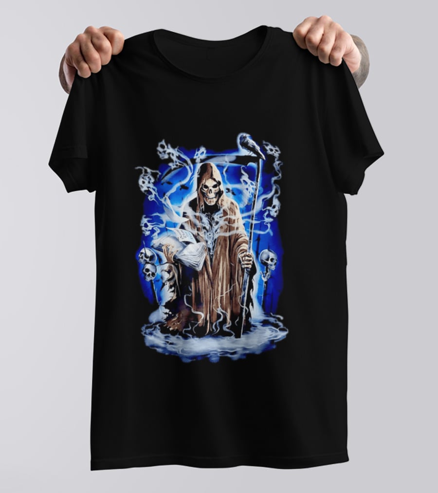 Sooner Than You Think Grim Reaper Skull And Scythe In Blue Mist T-Shirt