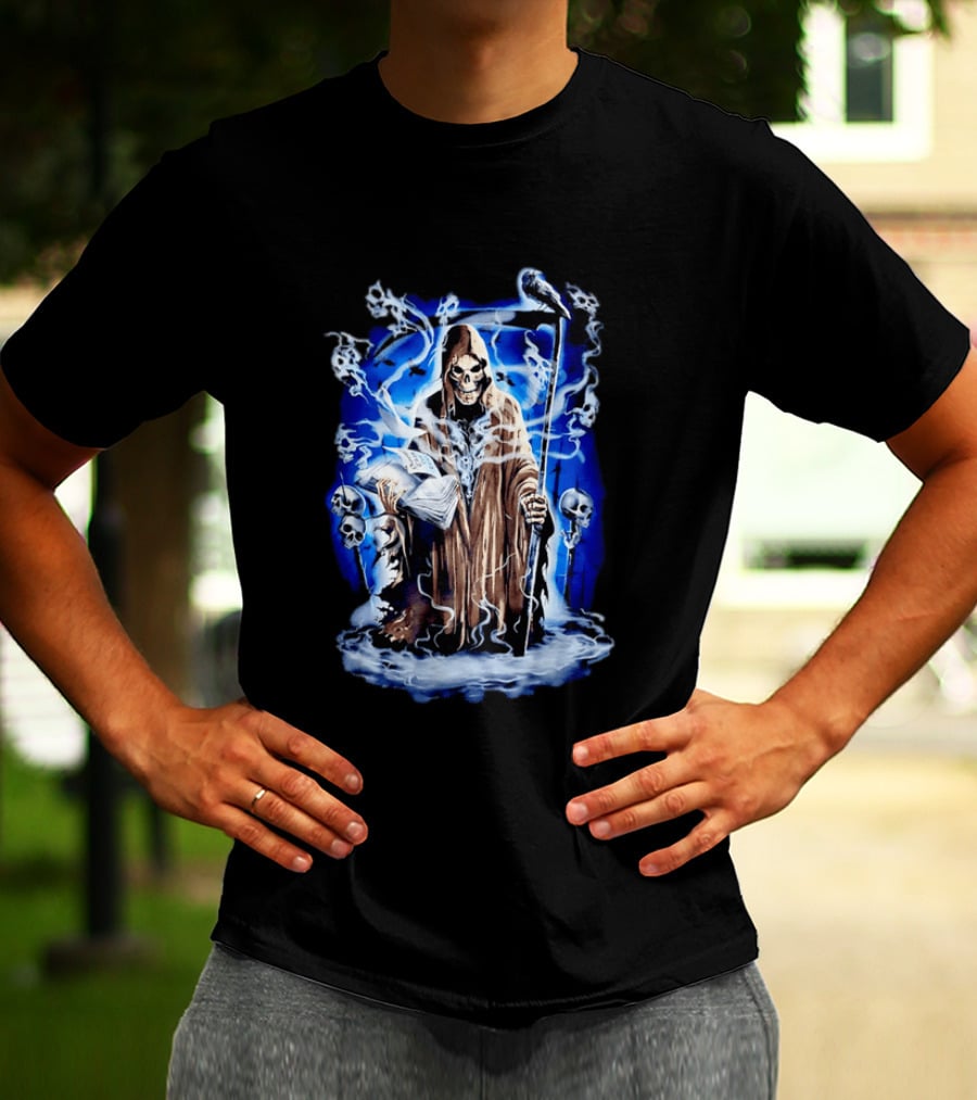 Sooner Than You Think Grim Reaper Skull And Scythe In Blue Mist T-Shirt