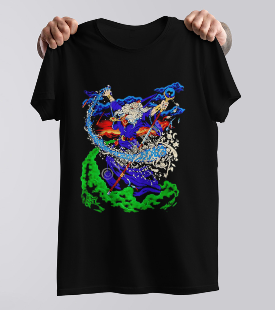 Wizard Casting Magic Conjuring Galaxies Fantasy Aurora Sky T-Shirt