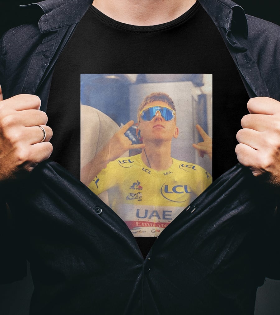Tadej Pogačar In UAE Emirates Tour De France LCL Yellow Jersey With Sunglasses T-Shirt