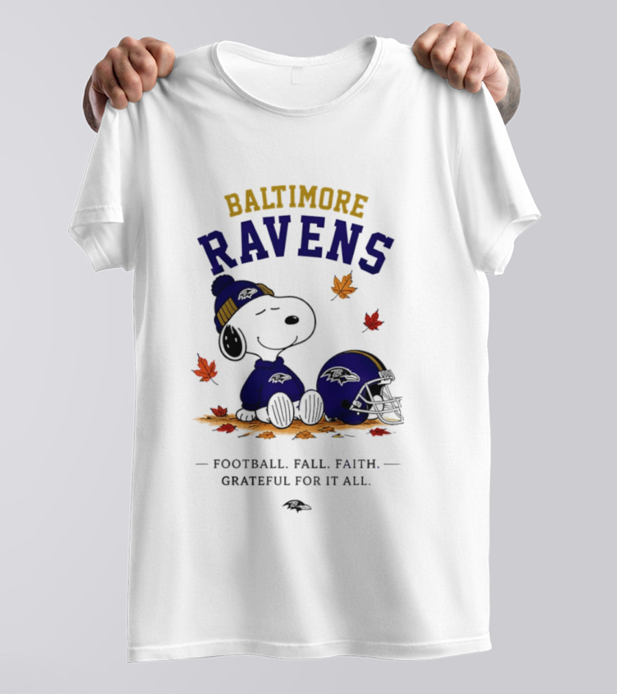 Baltimore Ravens Snoopy Football Fall Faith Grateful For It All T-Shirt