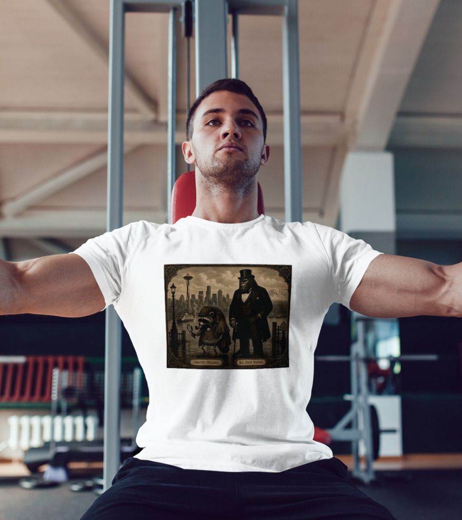 Jimothy Holmes Bigfoot Watson In Vintage Detective Scene Seattle Skyline T-Shirt