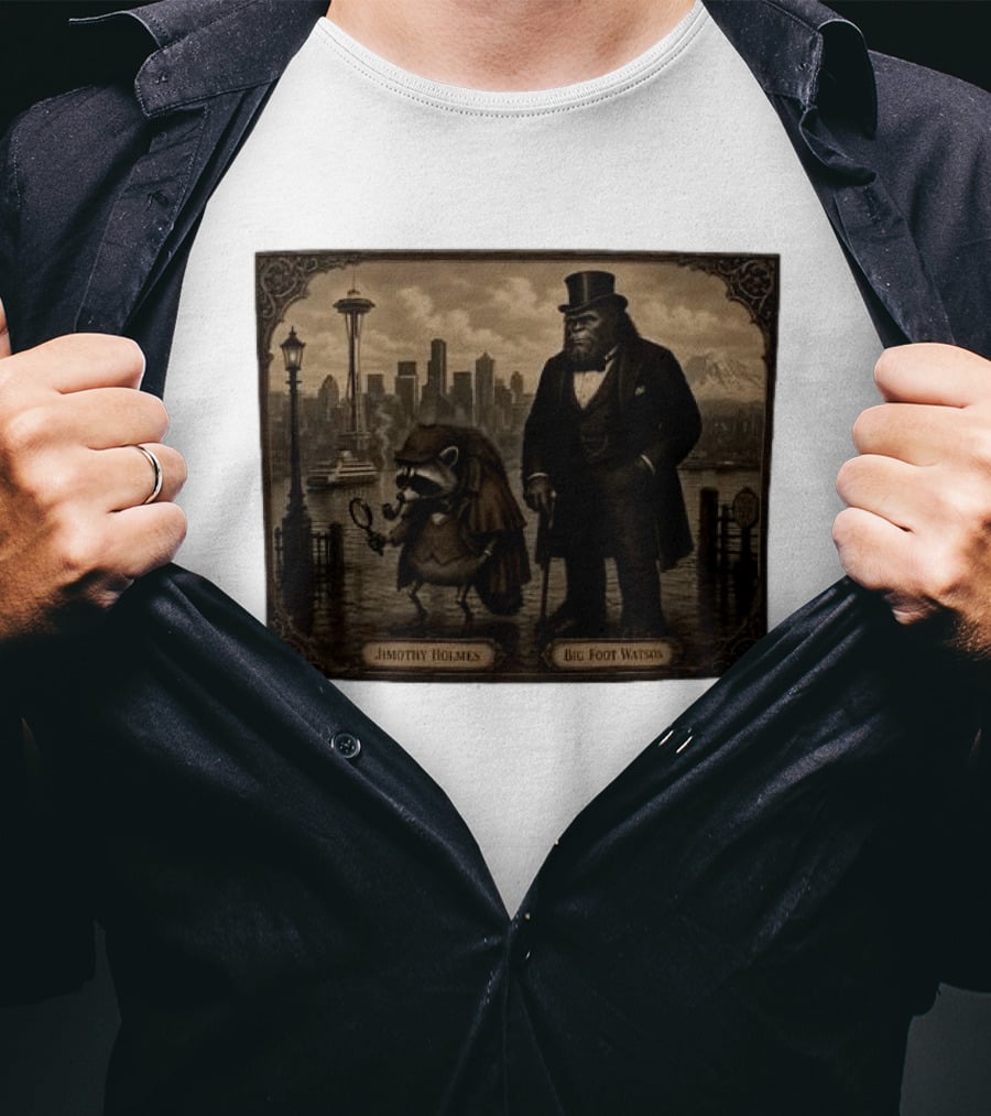 Jimothy Holmes Bigfoot Watson In Vintage Detective Scene Seattle Skyline T-Shirt