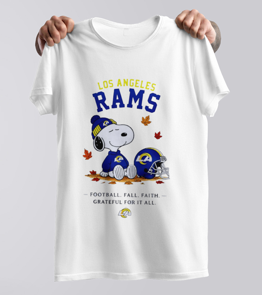 Los Angeles Rams Snoopy Football Fall Faith Grateful For It All NFL Peanuts Fan Gear T-Shirt