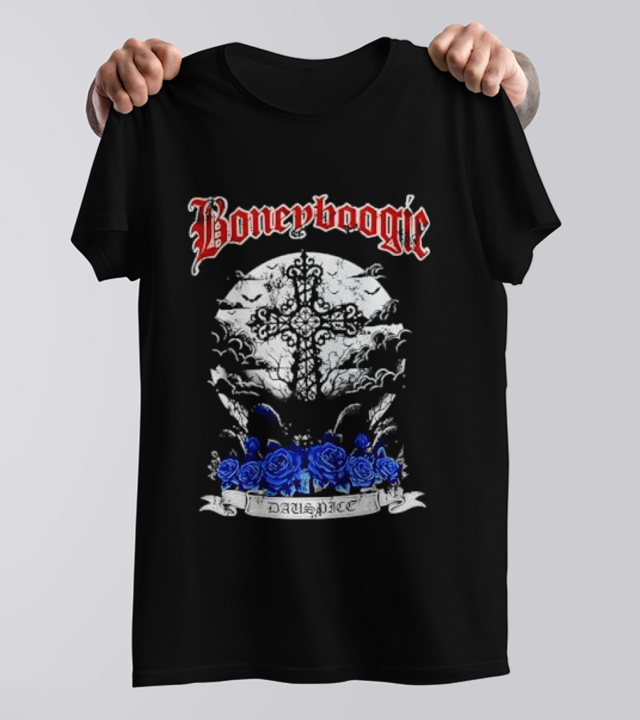 Boneyboogie Gothic Cross With Blue Roses And Full Moon T-Shirt