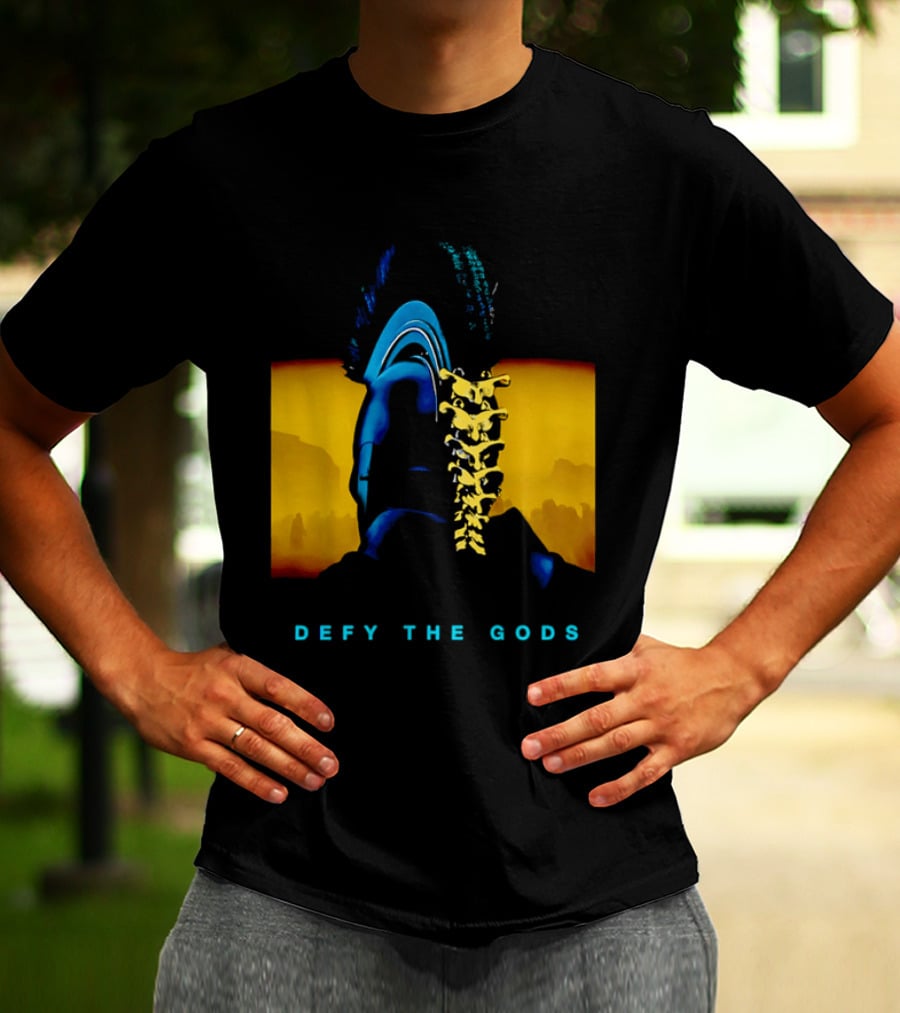 Defy The Gods Spartan Warrior Helmet Art Blue And Gold T-Shirt