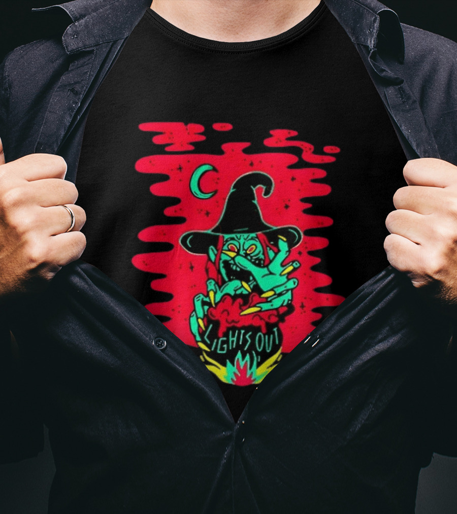 Lights Out Podcast Witch Halloween 2026 Crescent Moon T-Shirt