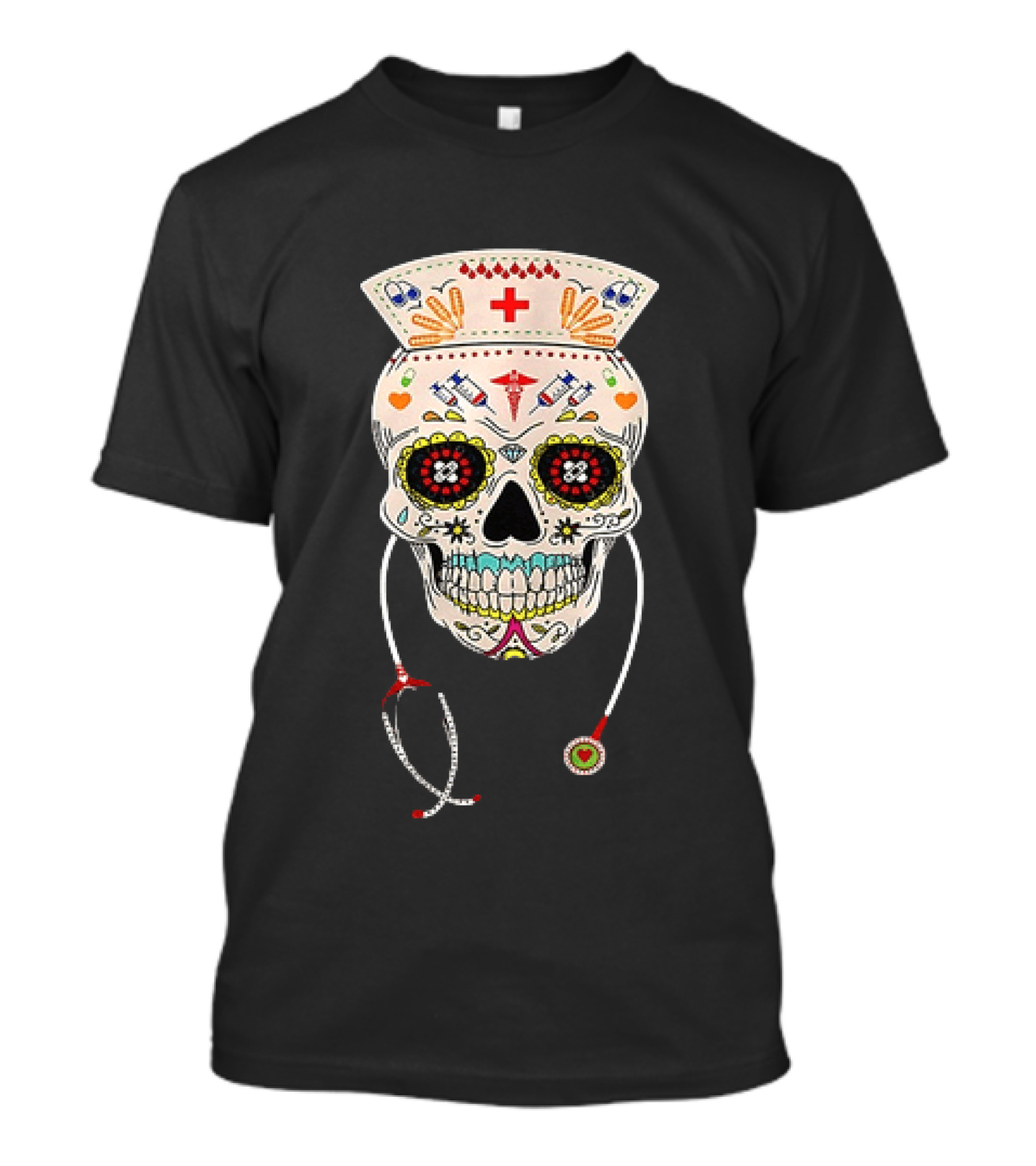 Nurse Sugar Skull Halloween Day Of The Dead Dia De Los Muertos T-Shirt