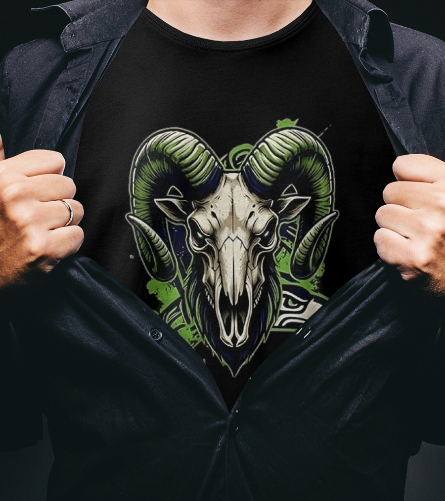 Seattle Seahawks Runs In My Blood Skeleton Ram Skull Fan T-Shirt