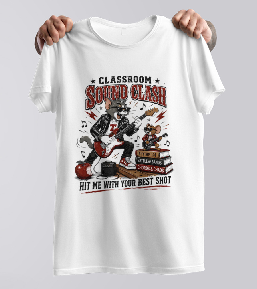 Classroom Sound Clash Hit Me With Your Best Shot Tom And Jerry Electric Guitar Battle T-Shirt