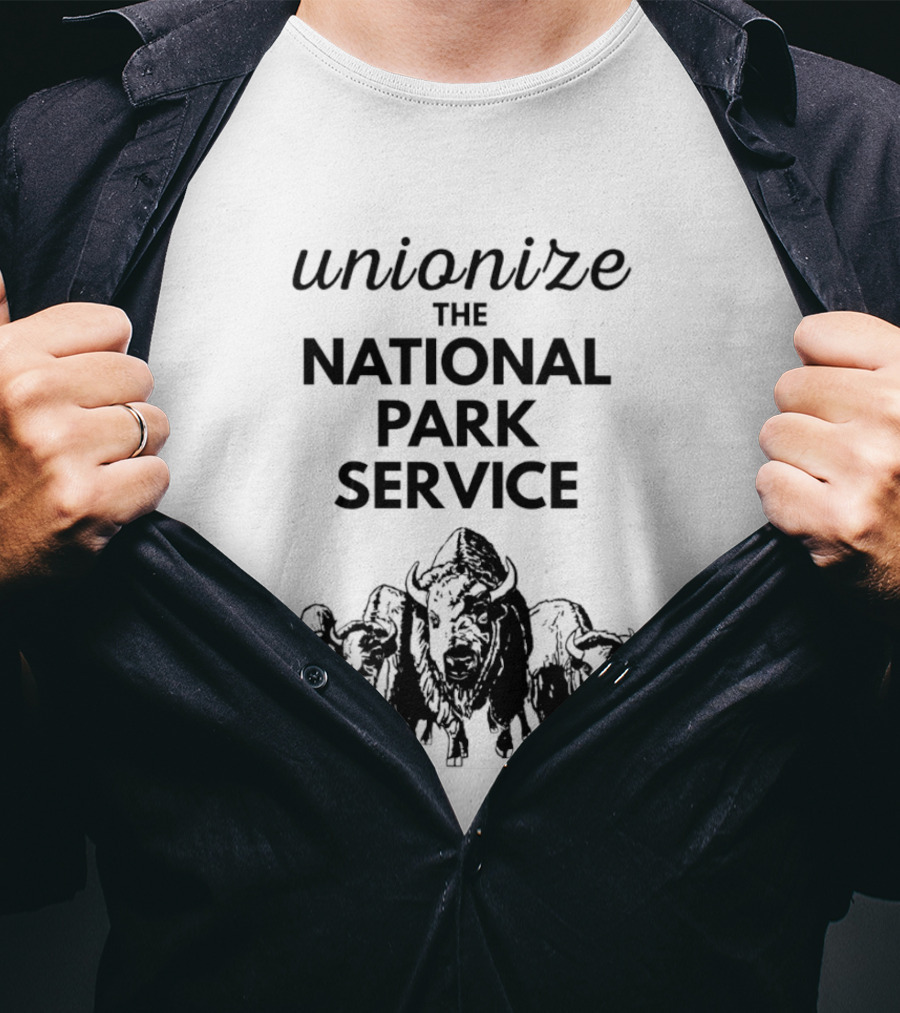 Unionize The National Park Service Bison Herd Oso Artists Orchard Button T-Shirt