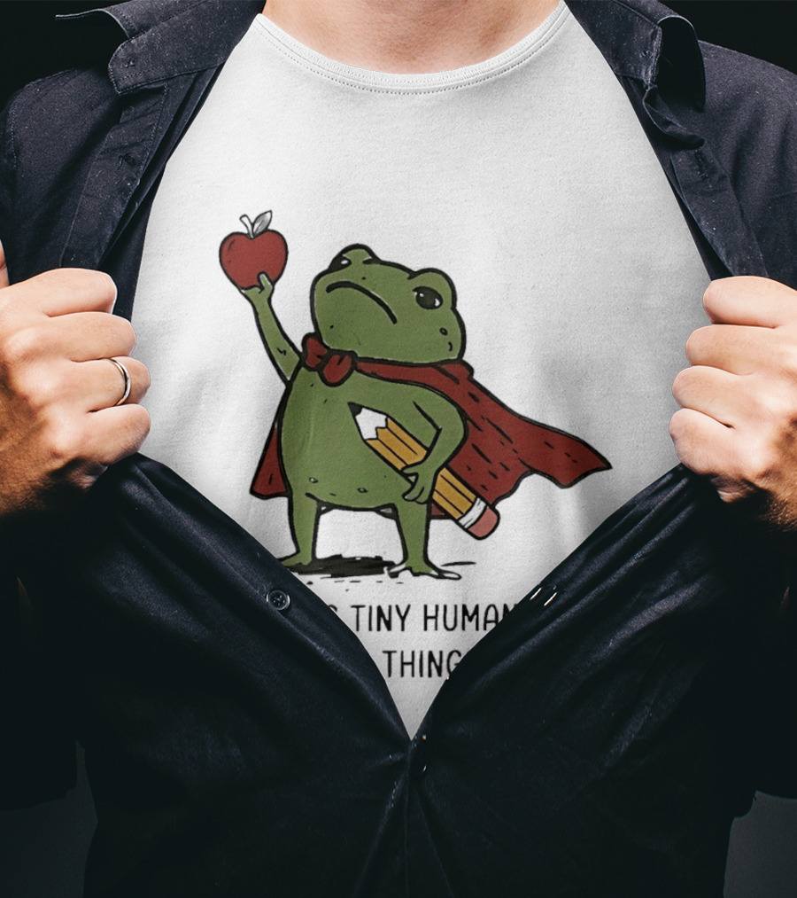Helping Tiny Humans Do Big Things Cartoon Frog With Apple And Pencils T-Shirt