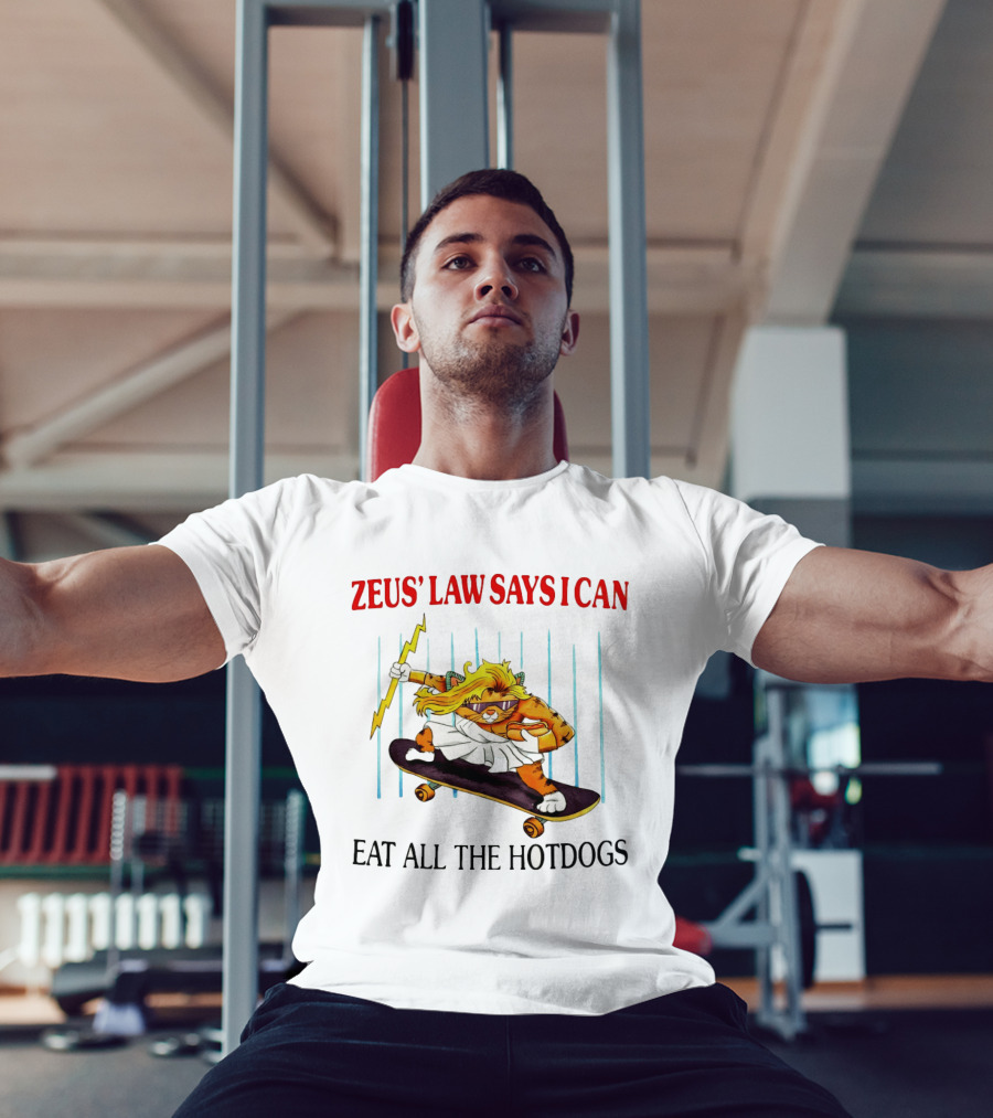 Zeus' Law Says I Can Eat All The Hotdogs Cat Holding Lightning Skateboard T-Shirt