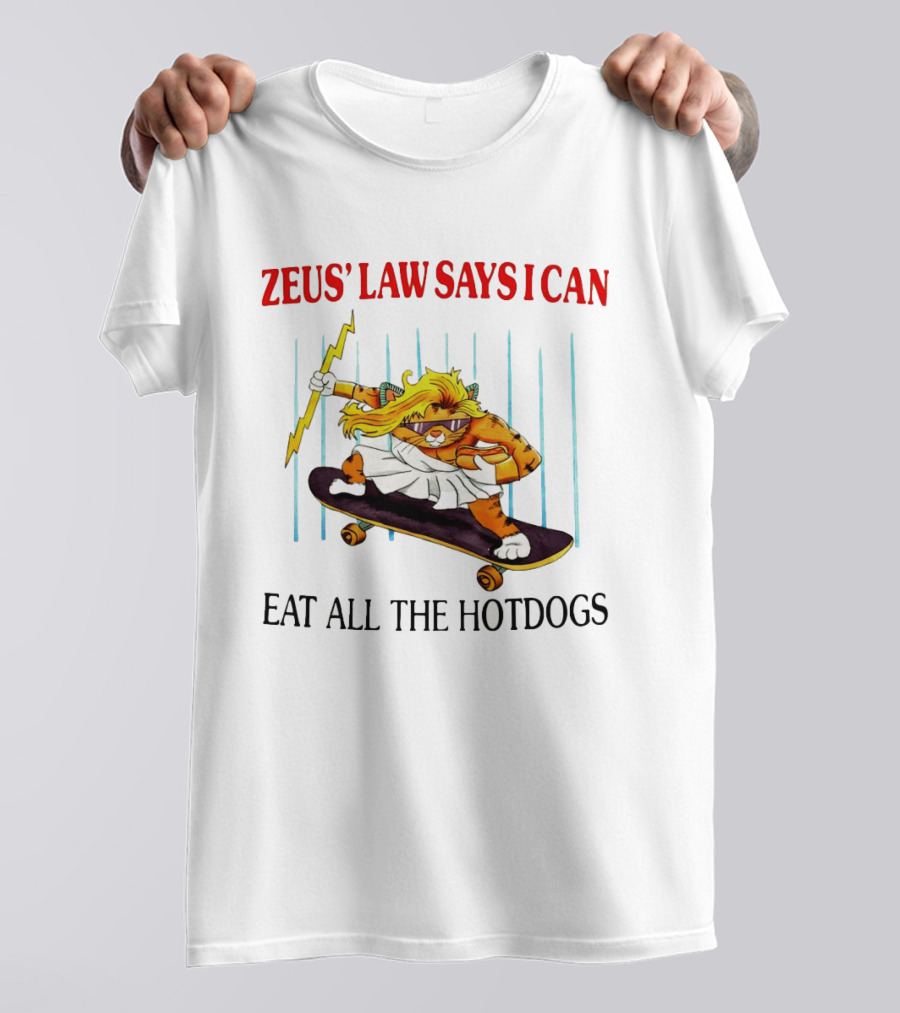 Zeus' Law Says I Can Eat All The Hotdogs Cat Holding Lightning Skateboard T-Shirt