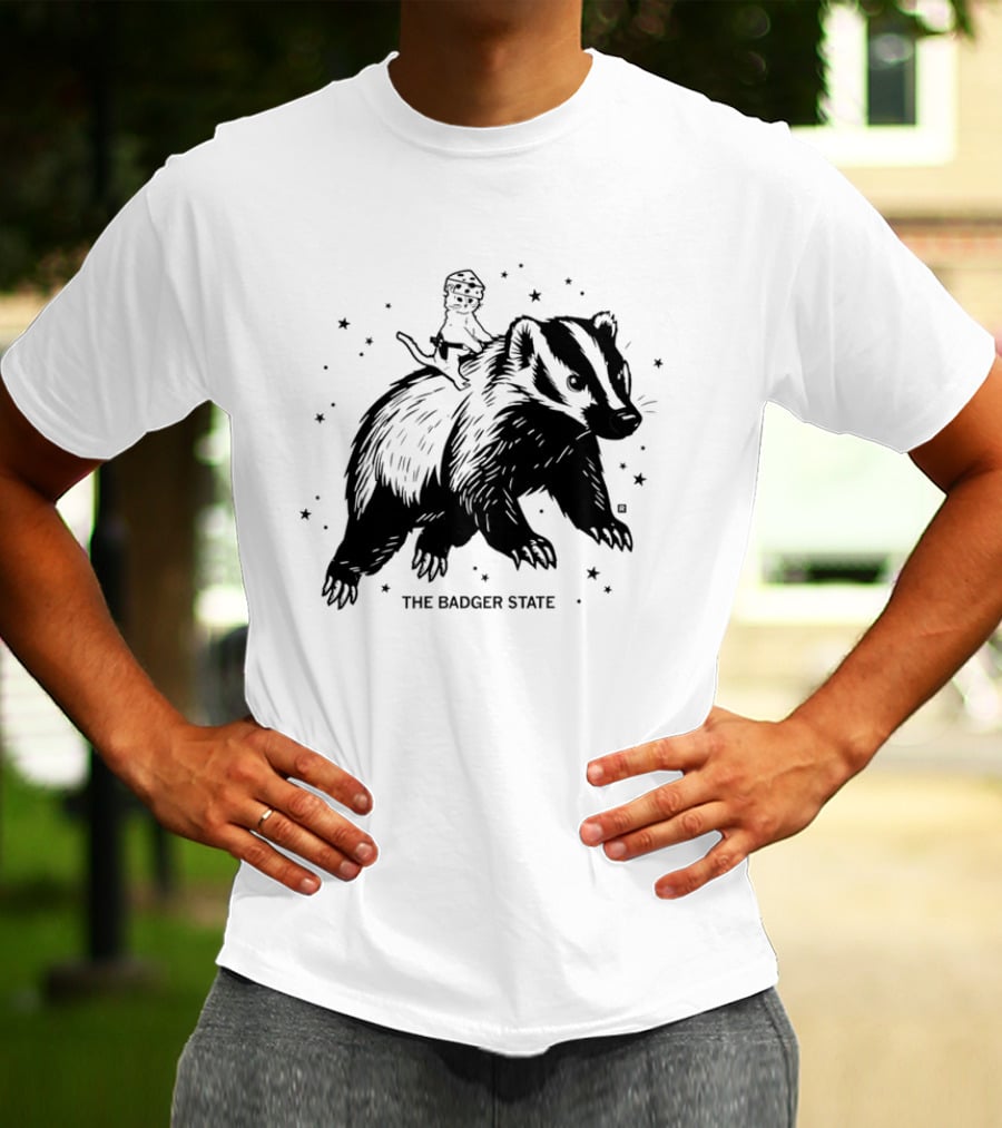 The Badger State Cat Wearing Cheese Hat On Badger With Stars T-Shirt